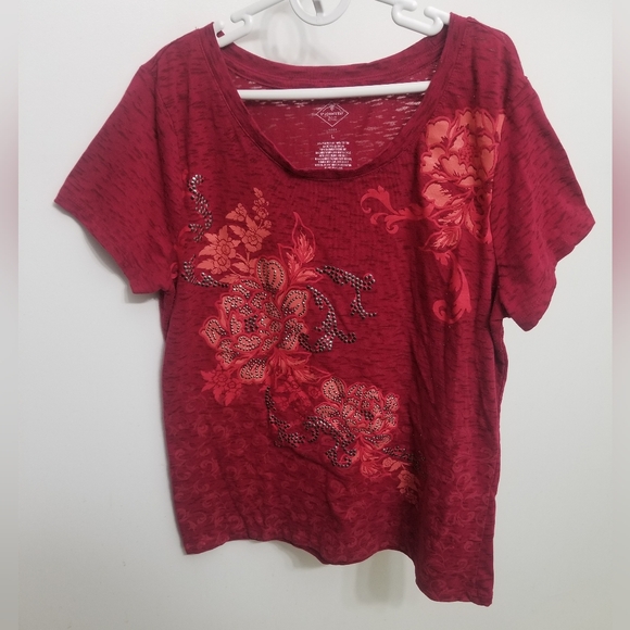 St. John's Bay Tops - Stunning red semi sheer bedazzled floral red shirt